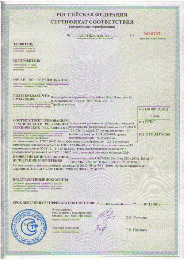 Сертификат пожарной безопасности по Техническому Регламенту